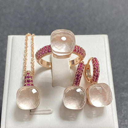 Conjunto de Joias Femininas 3 Peças - Anel, Brincos e Colar Banhados a Ouro Rosé com Zircônia Roxa Incrustada