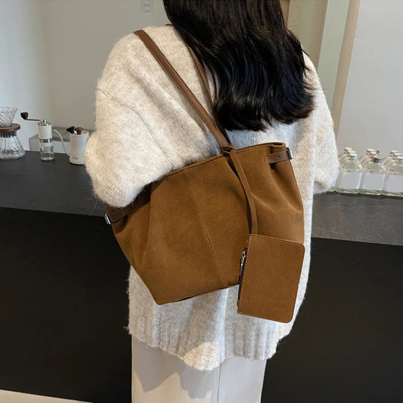 Suede Shoulder Bags for Women Large Suede Totes Lightweight Underarm Bag Casual Shopper Handbag Solid Color Travel Bucket Bags