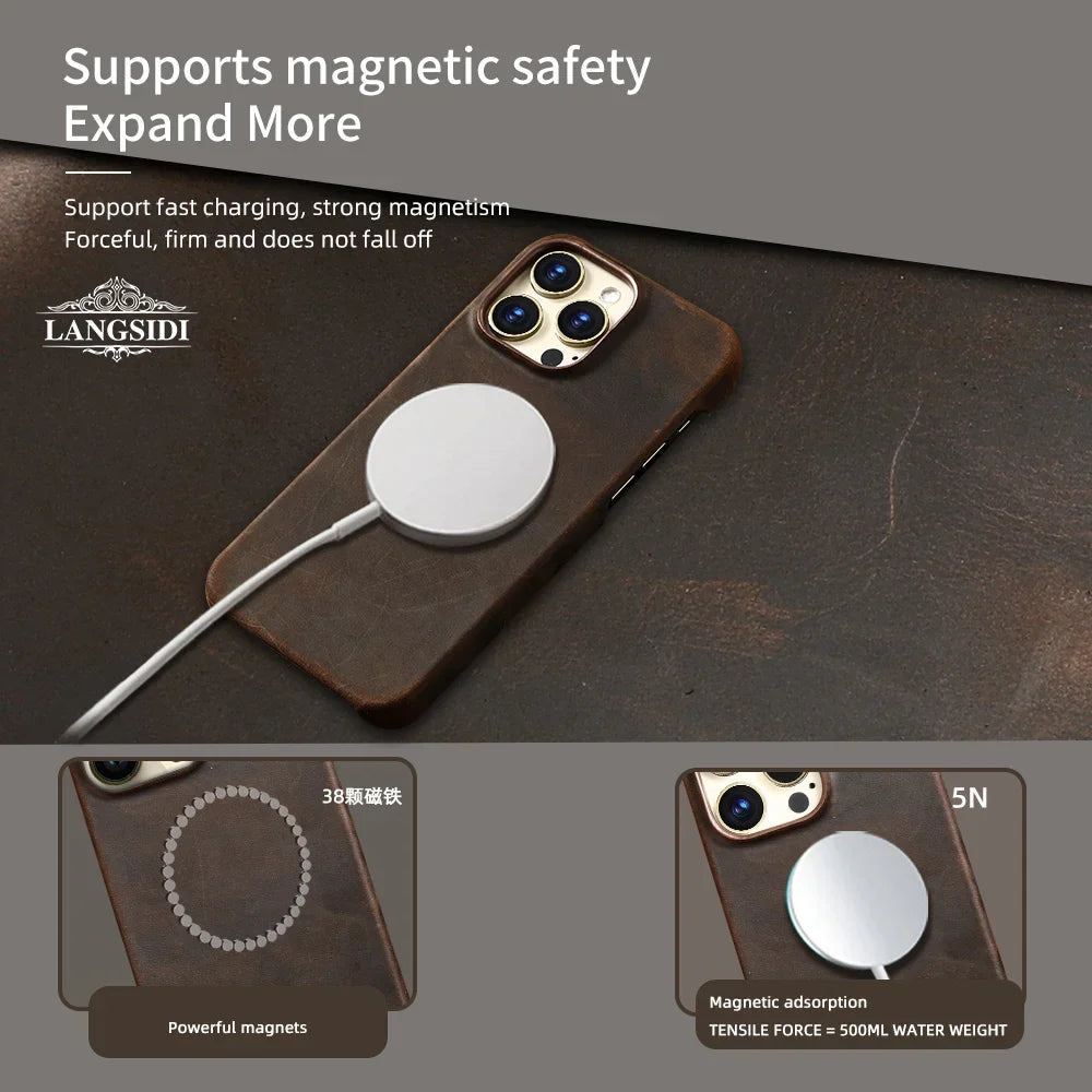 Magsafe Case for iPhone 17 Air 16 15 Pro Max Retro Luxury Full Grain Cowhide Genuine Oiled PULL-UP Leather Magnetic Cover