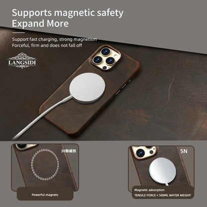 Magsafe Case for iPhone 17 Air 16 15 Pro Max Retro Luxury Full Grain Cowhide Genuine Oiled PULL-UP Leather Magnetic Cover
