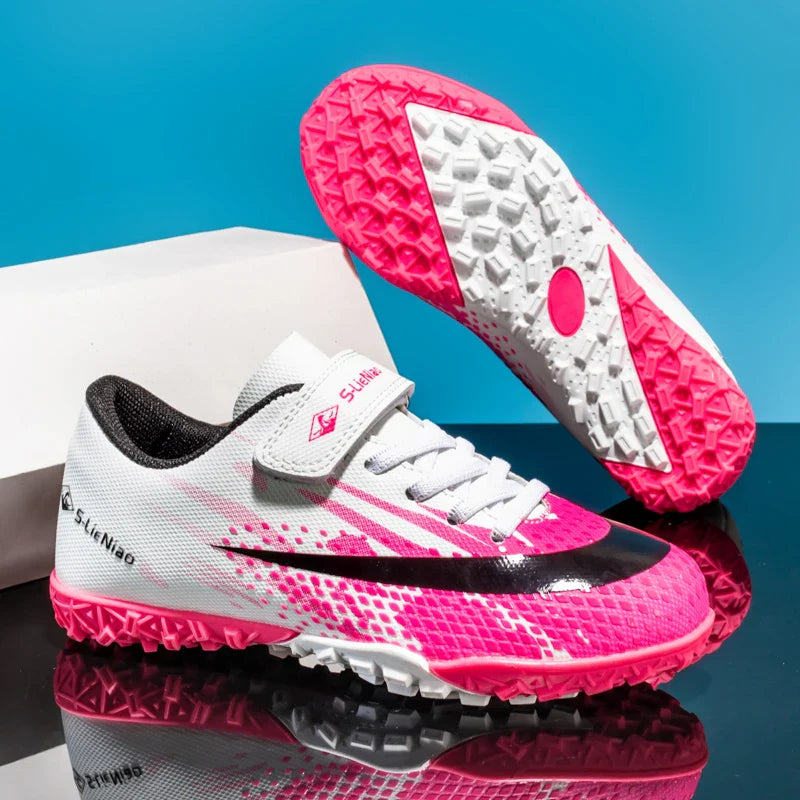 Kids' Turf Soccer Shoes with Rubber Soles, White/Pink, Black/Gold & WhiteMoon for Training
