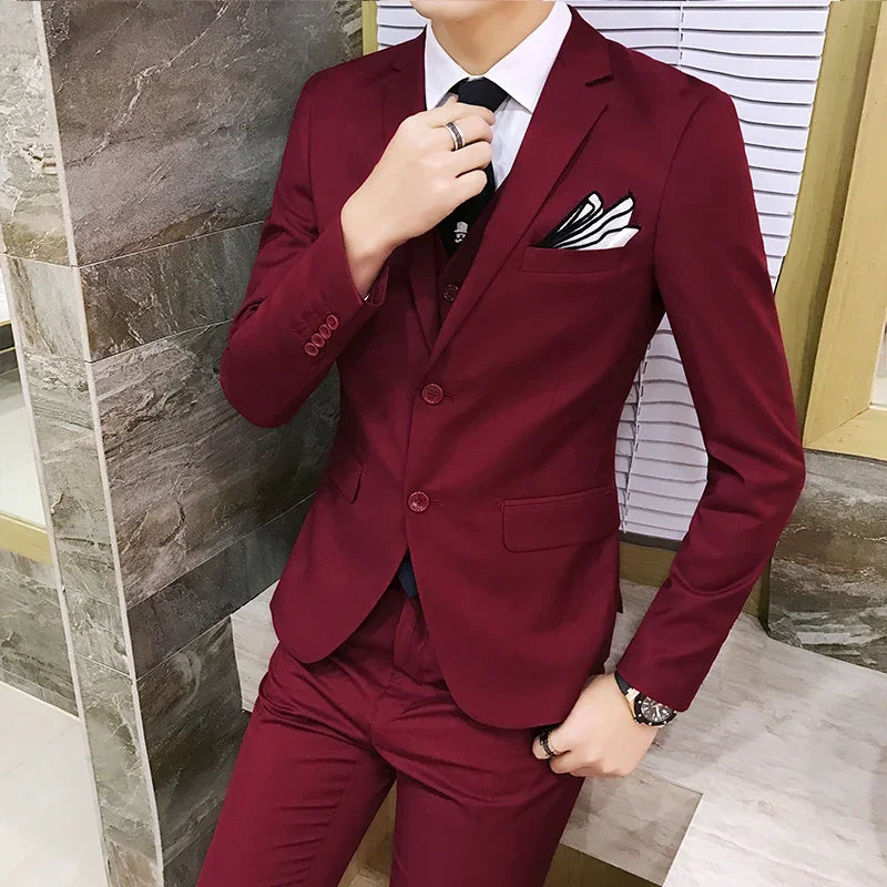 Suit (Blazer+vest+pants) Men's Fashion Business Korean Version of Solid Color Slim-fit Wedding Professional Gentleman Dress 6XL