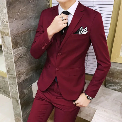 Suit (Blazer+vest+pants) Men's Fashion Business Korean Version of Solid Color Slim-fit Wedding Professional Gentleman Dress 6XL