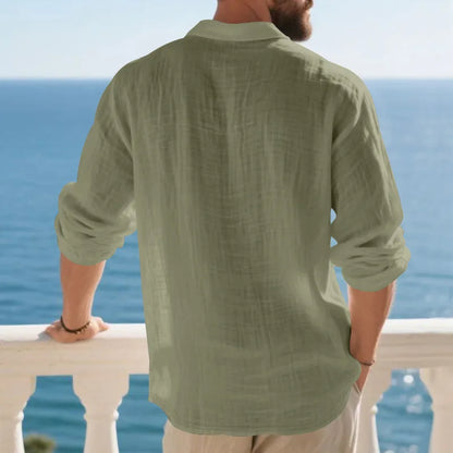 Linen shirt stand-up collar button-down men's loose casual breathable V-neck long-sleeved polo shirt
