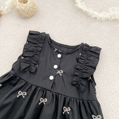 Summer Girls Dress Children's Clothing Bow Embroidered Flower Collar Girl's Dress Cartoon Printed Flying Sleeves Princess Dress
