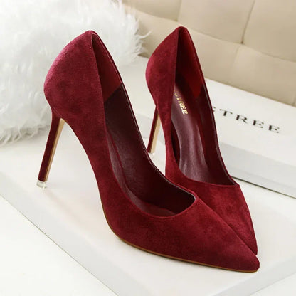 Women Elegant Flock Orange Purple Evening Banquet Party Pumps Lady Classic Scarpin New Burgundy 9cm High Heels Shoes Plus Size