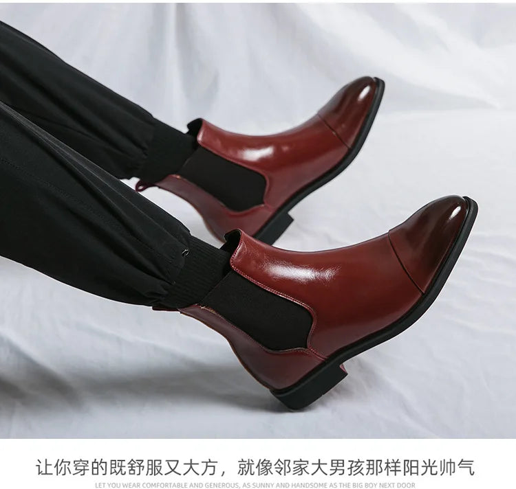 Autumn winter pointed toed male Boots Redsoled high top leather shoe English casual Chelsea boot Fashion comfortable men's shoes
