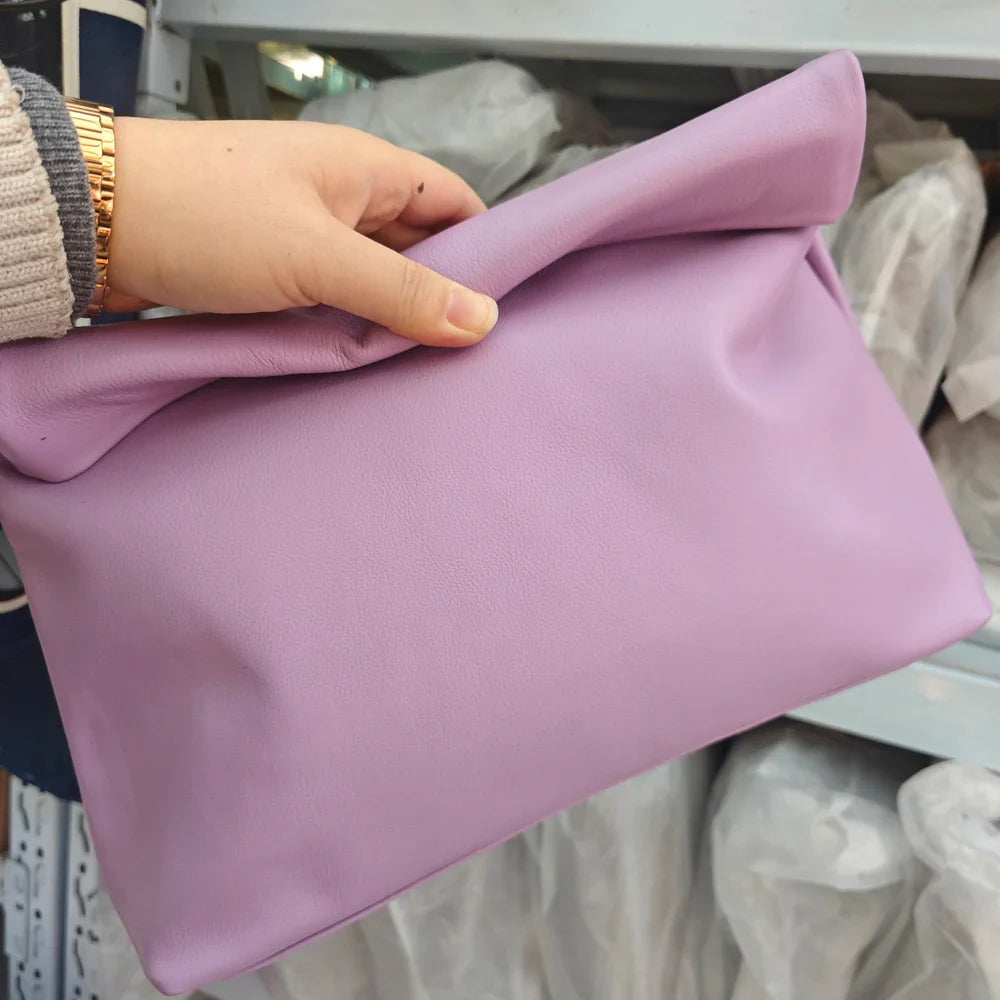 Leather Cowhide Handbag High Quality Leather Women's Foldable Designer Handbag Simple Magnet Handle Bags
