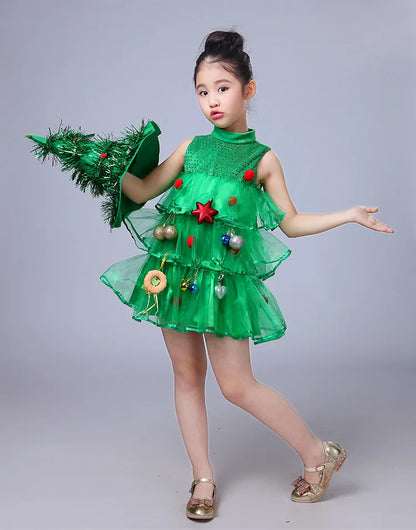 2 4 6 8 10 Yrs Fancy Christmas Tree Dress for Little Girls Xmas Party New Year Frock Kids Santa Claus Lovely Pinetree Ball Gown