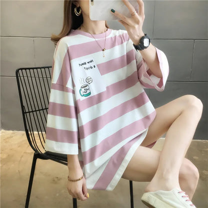 Y2K Novo Verão Feminino Blusas de Manga Curta Tees INS Moda Casual Solta Listrada Cropped T-shirt Gola O Algodão Pulôver Feminino T-shirts