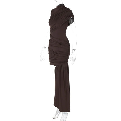 Irregular Draped Ruched Sexy Mini Dress For Women Turtleneck Sleeveless Pleated Slim Party Dress Female Holiday Beach Dresses