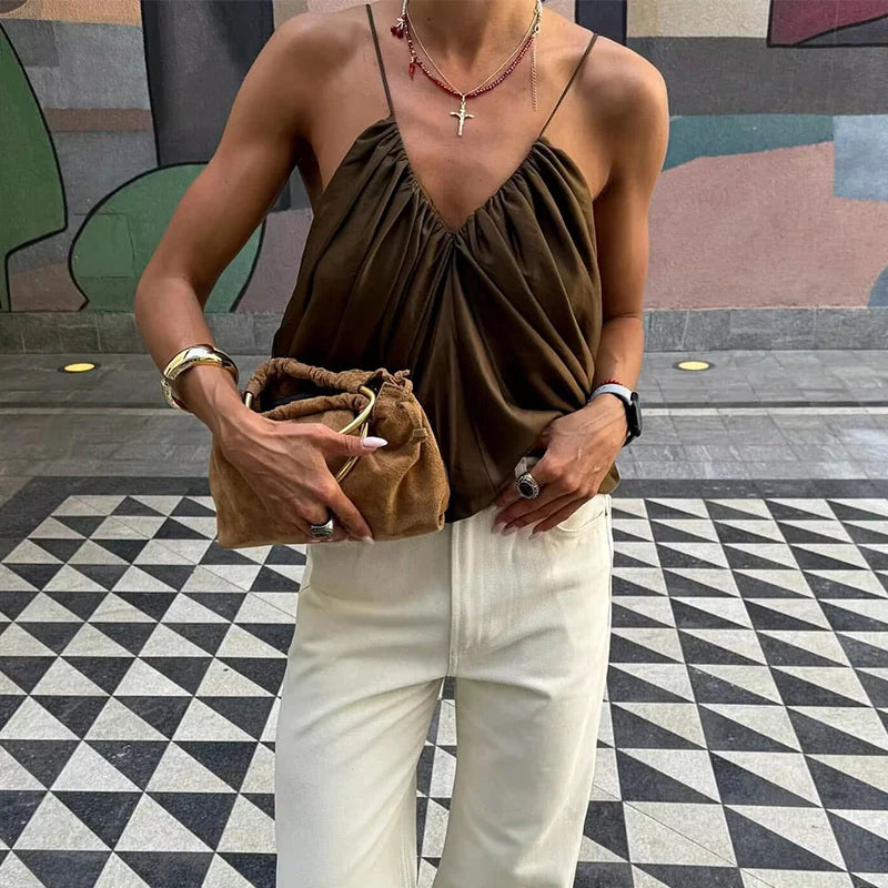 Women's Slip Tops Fashion Satin Pleated V-Neck Sleeveless Top Summer Sexy Female Chic Tops