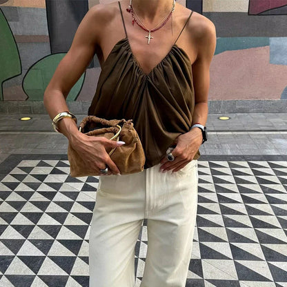 Women's Slip Tops Fashion Satin Pleated V-Neck Sleeveless Top Summer Sexy Female Chic Tops