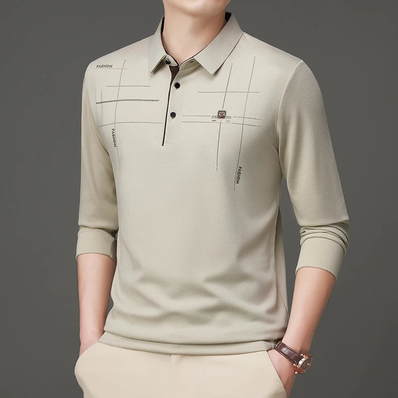 2025 Latest Autumn New Men's Long Sleeve Polo Shirt Middle Aged Business Comfortable Solid Color Men's Collar T-shirt