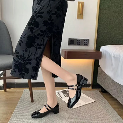 2025 New Women's Burgundy Patent Leather Mary Jane Pumps - Vintage-Inspired Double Gold Buckle Low Block Heel Dress Shoes