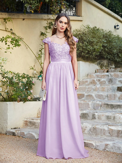 A-line V Neck Sleeveless Floral Lace Chiffon Back Hollow Long Paty Bridesmaid Dress Women 2024 For Wedding Sexy Evening Dress