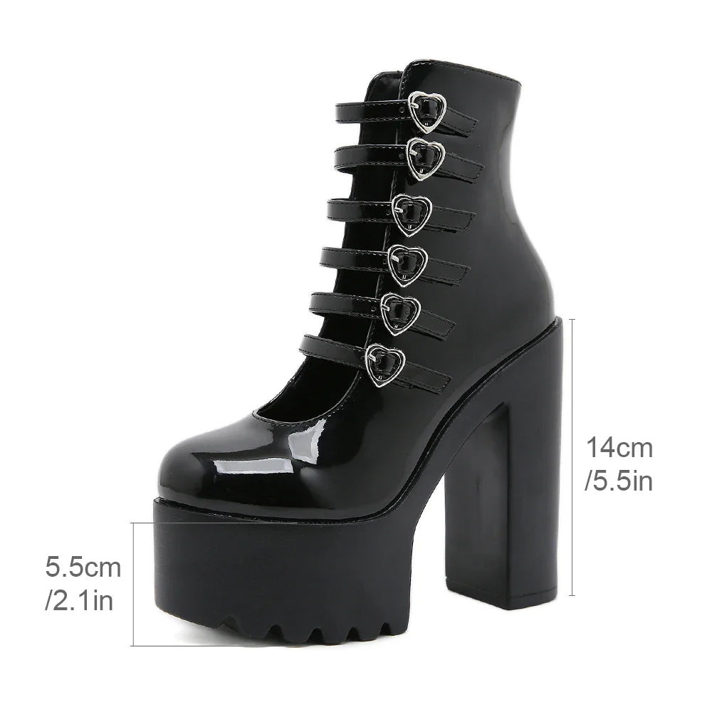 Block Heels Pumps for Women Fashion Multi Buckle Strap Heart Design Dress Shoes Side Zipper High Heels Mary Jane Shoes