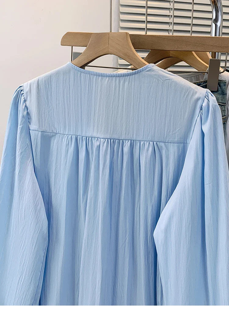2026 V-neck Long Sleeved Plus Size Shirt Loose Pleated Ruffle Oversized Tops Ladies Chic Elegant Solid Versatile Blouse