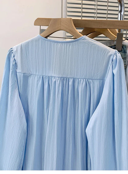 2026 V-neck Long Sleeved Plus Size Shirt Loose Pleated Ruffle Oversized Tops Ladies Chic Elegant Solid Versatile Blouse