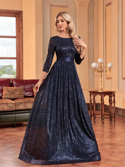 Luxury O-Neck Long Sleeves Blue A-line Sequins Formal Evening Dresses Women V-back Slim Wedding Party Prom Maxi Cocktail Gowns