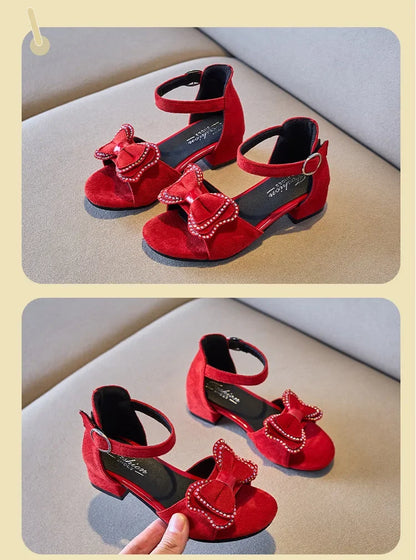 Girls Leather Shoes Anti Slip Summer Korean Style Children Fashionable Low Heels Hook & Loop Elegant Princess Mary Janes Wedding