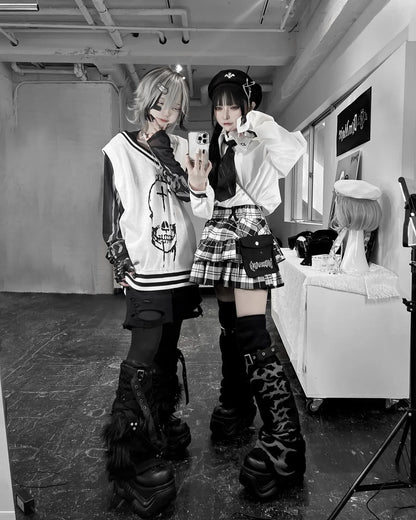 Japanese Harajuku Punk College Style Plaid Cake Ultra Short Skirt Subculture Y2k Girl Autumn High Waist Mini Skirt with Waistbag
