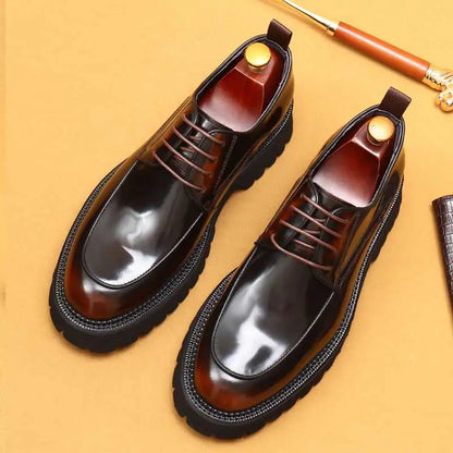 sapatos sociais masculinos de couro com sola grossa bico redondo de couro brilhante sapatos sociais de negócios de couro de vaca encerado com cadarço estilo britânico