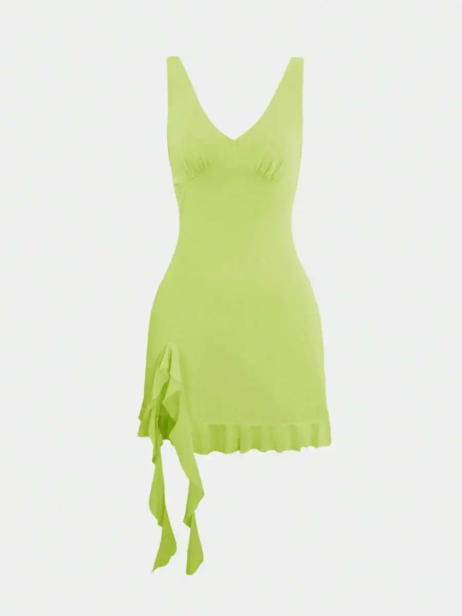 European & American Style Women's Sexy V-Neck Asymmetrical Backless Mini Dress, Versatile Cocktail Party Dress, Summer