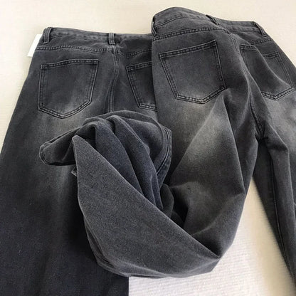Lady Retro Black Gray High Waist Jeans Pants Women Fashion Straight Leg Denim Trousers Girls Loose Fit Thin Casual Pants