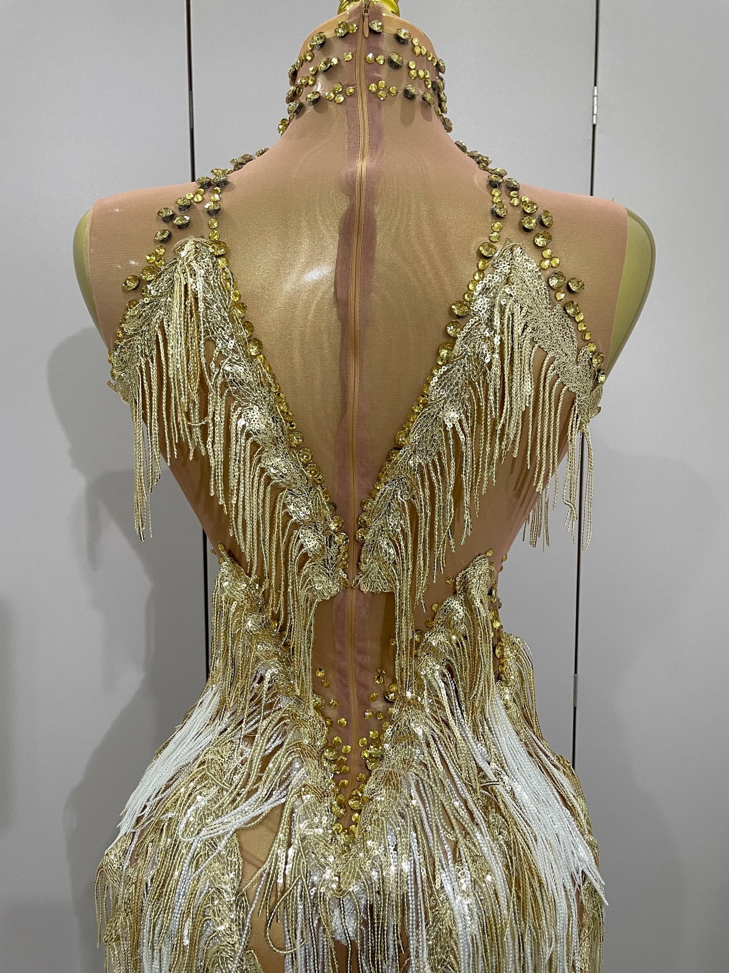 Women Sexy Stretch Mesh Sparkly Rhinestone Tassels Mini Dress Nightclub Singer Dance Stage Costume Evening Gowns