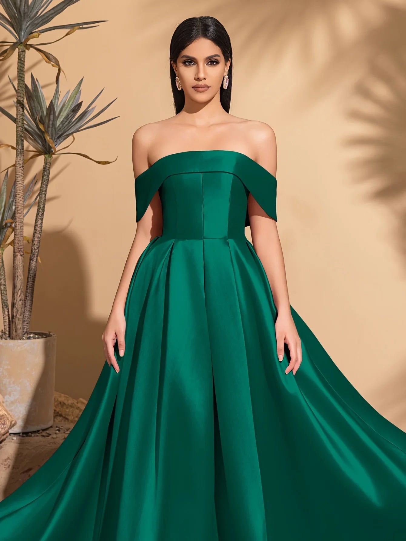 Off-the-shoulder satin dress with back tie, elegant and chic dress