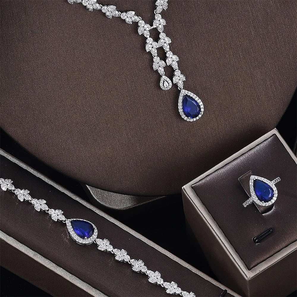 Conjuntos de Joias de Zircônia Nupcial 4 peças para Festa Feminina, Joias de Casamento de Cristal com Banho de Platina Luxo Dubai Nigéria