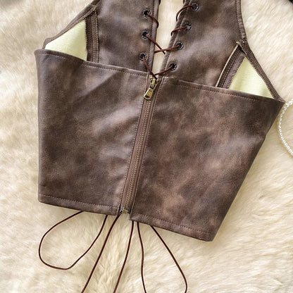 New Sexy Crop Top Inside Women Black PU Leather Rope Strap Hollow Out Punk Style Tank Tops Vest Fashion Backless Club Party Wear