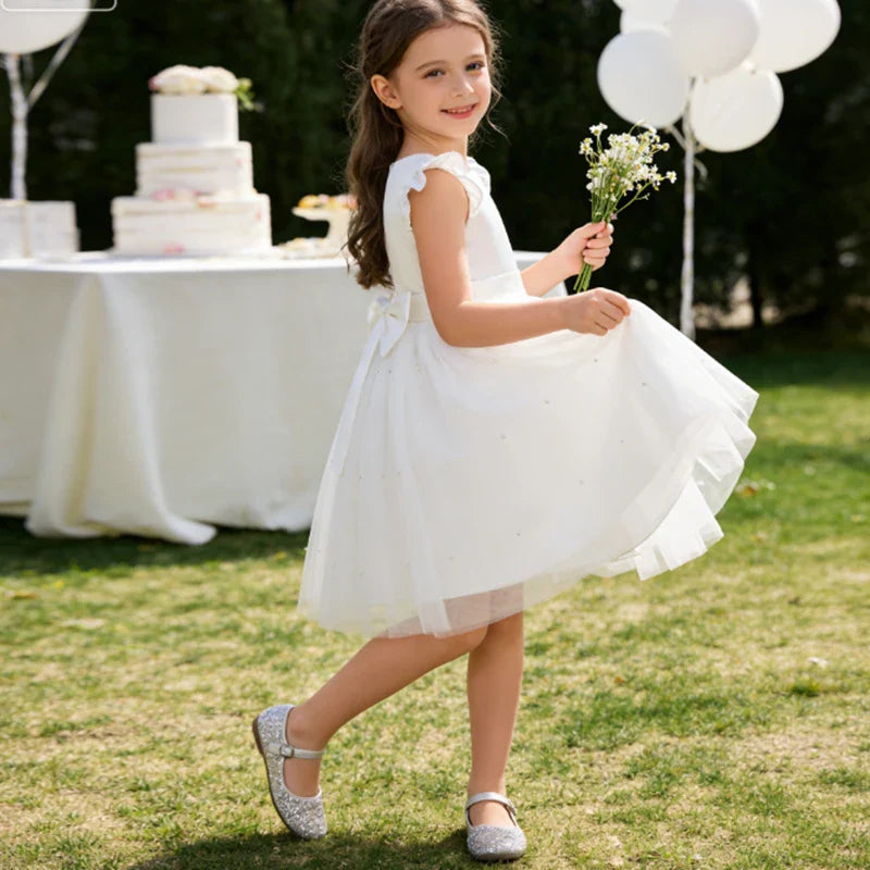 Girls White Wedding Pearls Elegant Pageant Princess Dress For Girls Backless Big Bow Wedding Bridesmaid Birthday Party Ball Gown