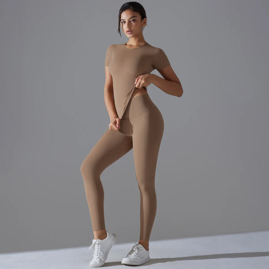 Yoga Set Women Workout Set Sportswear Gym Clothing Fitness Shorts Sleeve Crop Top High Waist Leggings Sports Suits