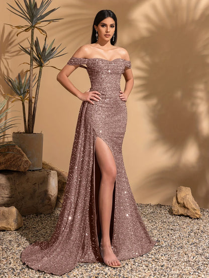 Elegant off-the-shoulder pleated side-skirt party dress