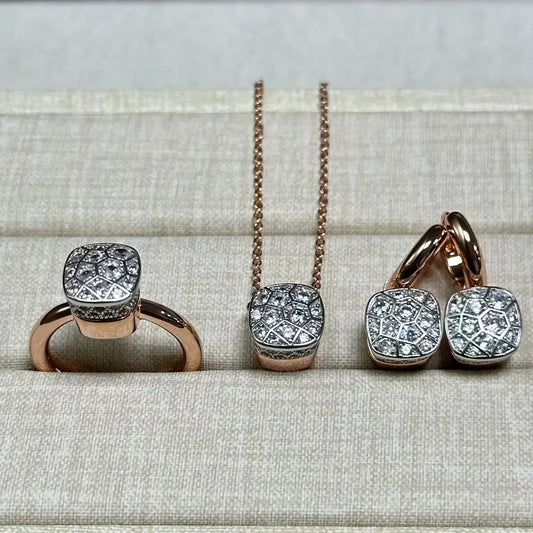 10.6mm Honeycomb Style Jewelry Set For Women Ring Earrings Necklace Rose Gold Candy Crystal Bijoux Gift
