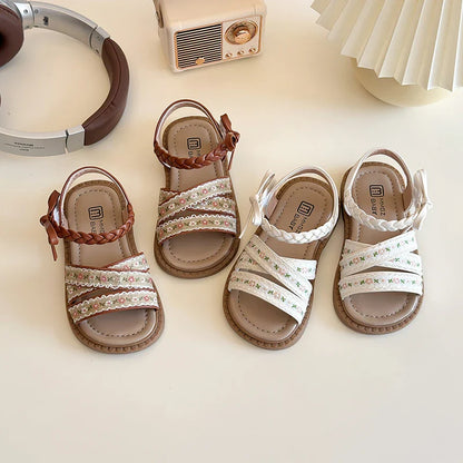 Summer Girl's Sandals Braided Flower Classic Trendy Vintage Kids Sliders Beige Brown Open Toe Holiday Pu Leather Children Shoes