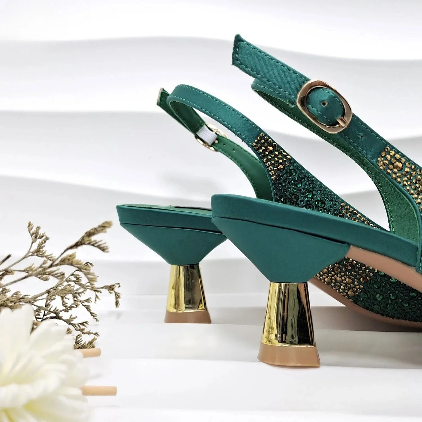 Fashion Nigerian Women Heel Party Ladies Italian Design Green Shoes And Bag Set Decorated with Rhinestone Handbag Wedding Party