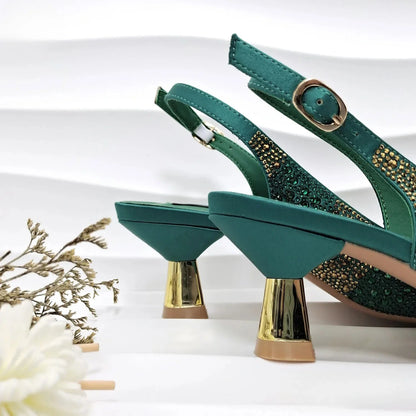 Fashion Nigerian Women Heel Party Ladies Italian Design Green Shoes And Bag Set Decorated with Rhinestone Handbag Wedding Party