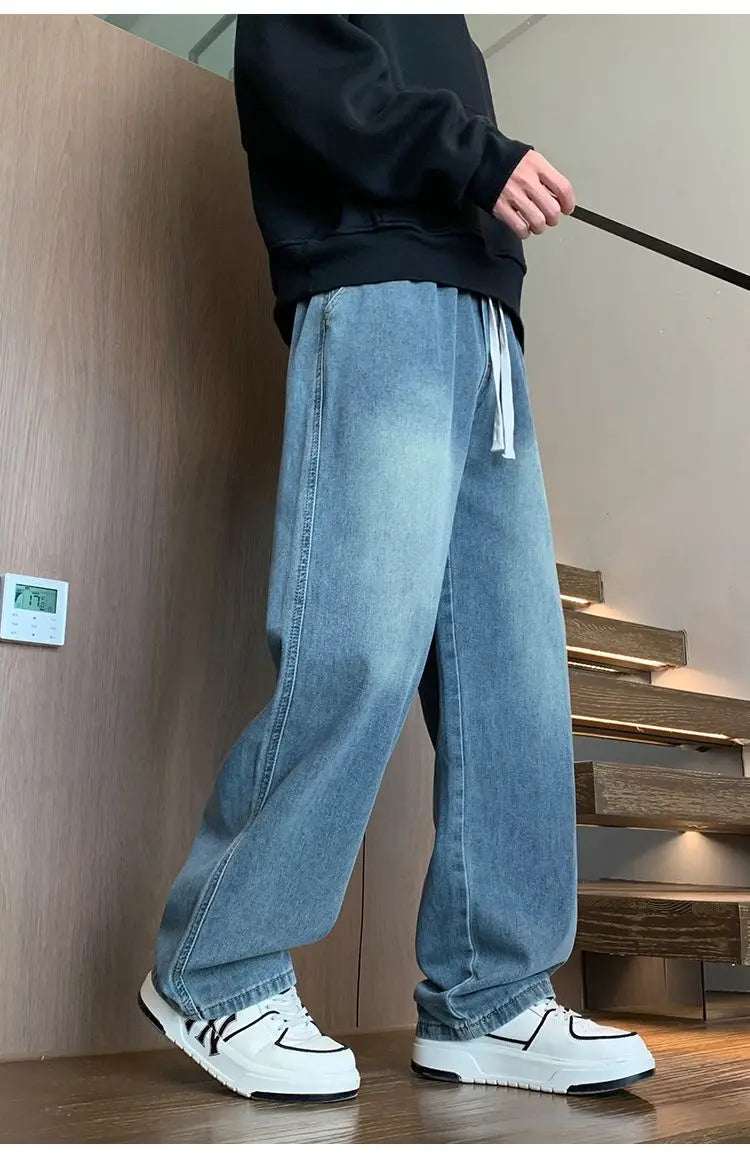 Calças masculinas casuais, calças retas soltas, primavera verão, nova moda, jeans masculinos de cintura alta com pernas largas