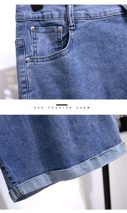 150Kg Plus Size Women's Five-Point Denim Shorts Hip 150 Summer High-Waist Loose Wide Leg Pants Blue Black 5XL 6XL 7XL 8XL 9XL