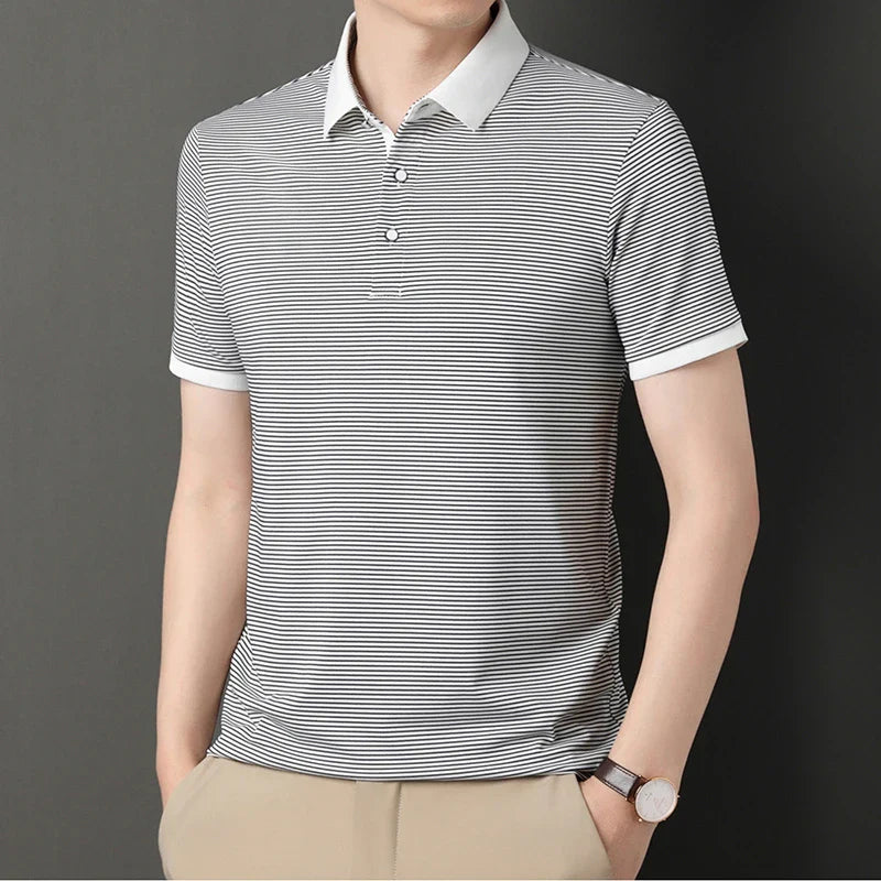 2024 Men's New Striped Cotton Business Casual Short Sleeved POLO Shirt Fashion Short Sleeved Comfortable and Breathable Top