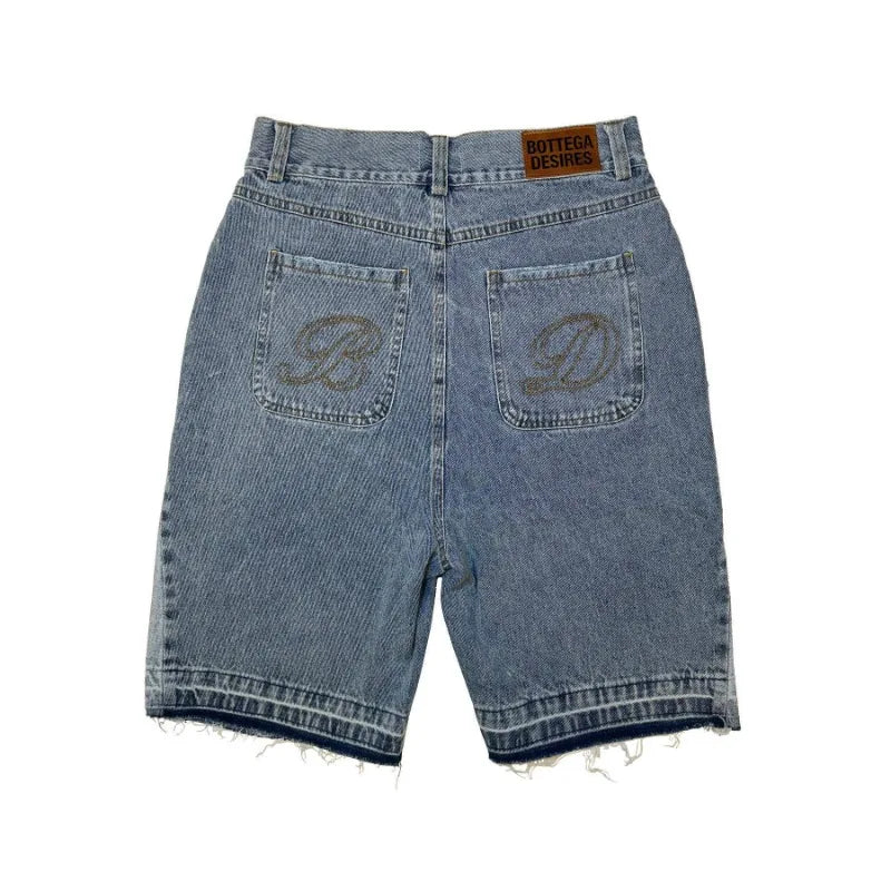 Y2k Vintage Harajuku Denim Shorts Women Washed Letter Embroidery Tassels American Retro Jeans Man Baggy Hip Hop Jorts