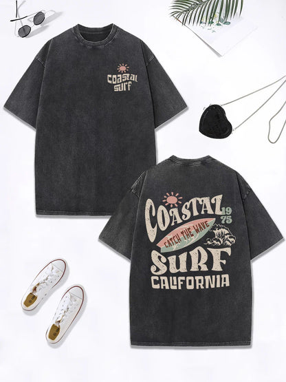 Surf Catch The Wave California Prints Washed T-Shirt Women Cotton Oversize Tops Distressed O-Neck T Shirt Summer Clothes
