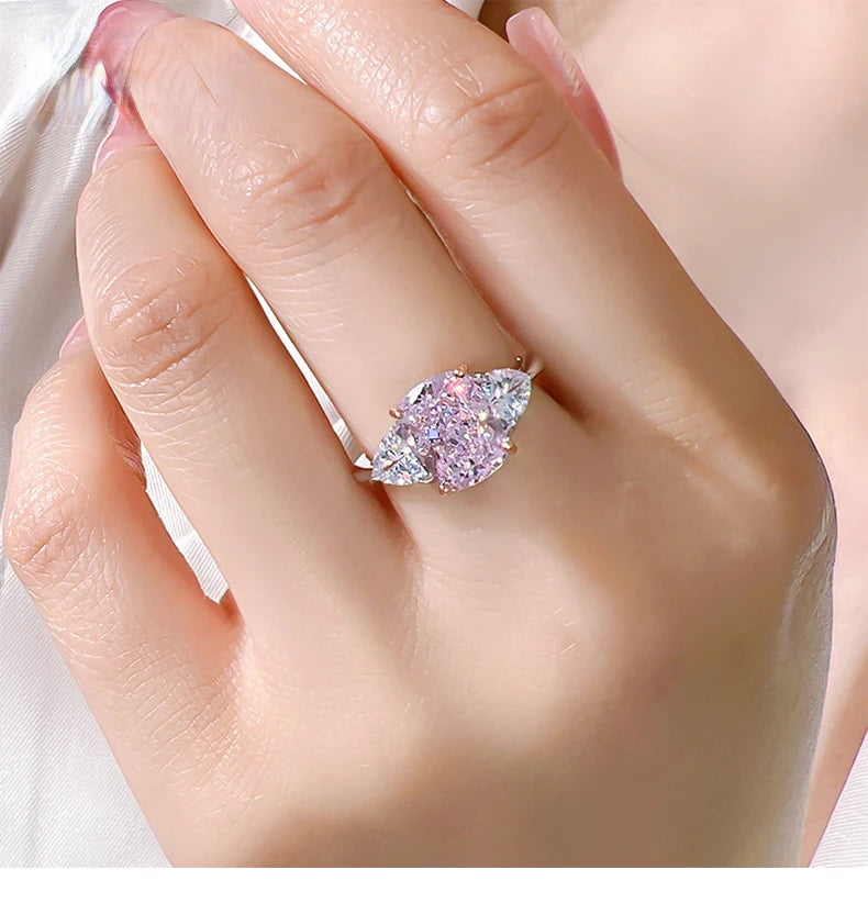 Luxury pink diamond Radian ice cut 925 silver ring set with high carbon diamond temperament versatile ice cut
