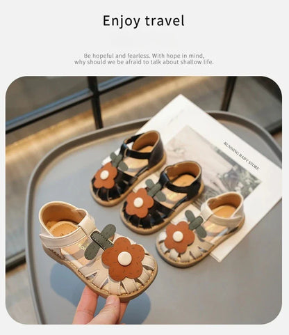 Children's Shoes Girls Sandals Beauty Large Flower Summer New Closed Toe Fashion Soft Bottom Kids Baby Girl Beach Shoes I04254