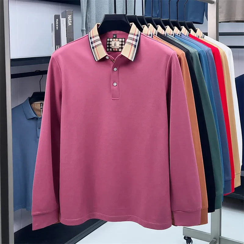 Men's Plaid Long Sleeve Polo Shirt Autumn Winter Casual Office Outdoor Fashion Top Commercial Collar Trendy Men's Clothing