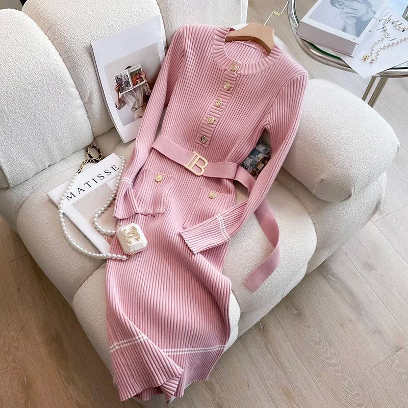 Autumn Winter Women Knitted Dress Brand Fashion O-neck Buttons Bodycon Sweater Dress with Belt Lady Office Dress