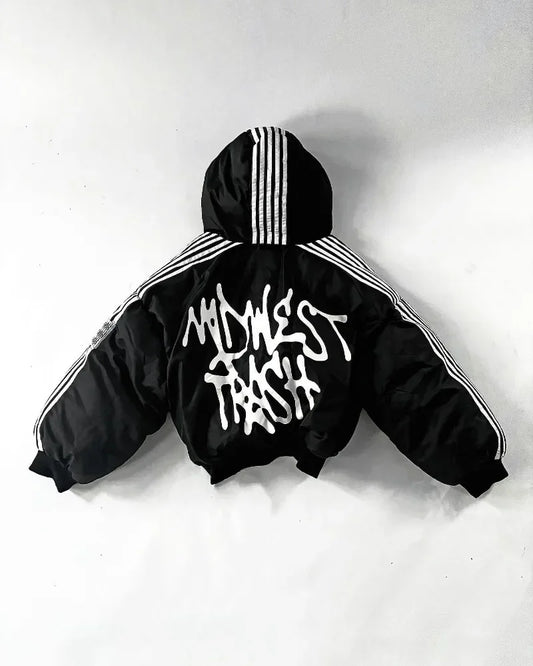 Unisex Harajuku street zip jacket, striped cotton-padded warm coat, goth hip hop style, S–XXL